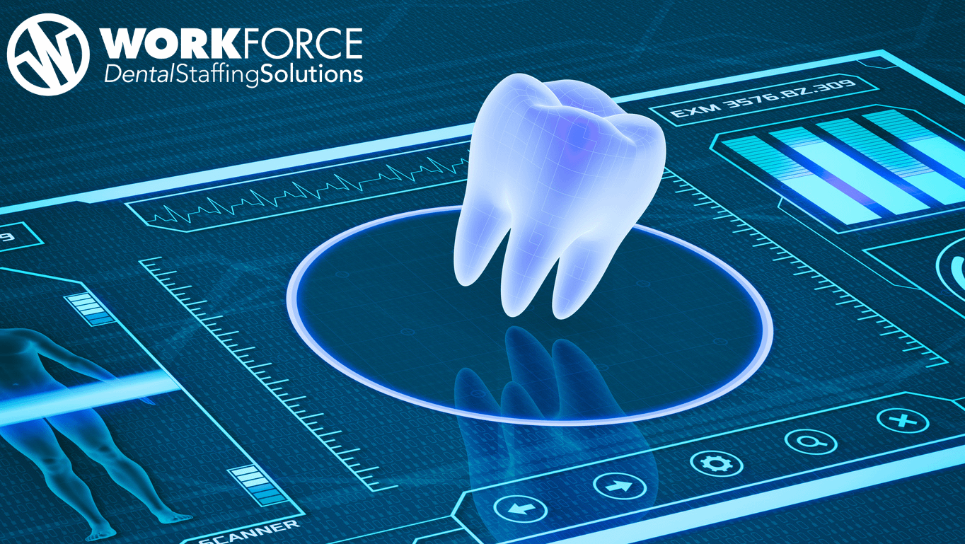 futuristic tooth on a pop-up digital display surrounded by AI